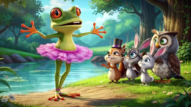 Charming Frog Ballerina and Forest Friends Animated Scene Illustration