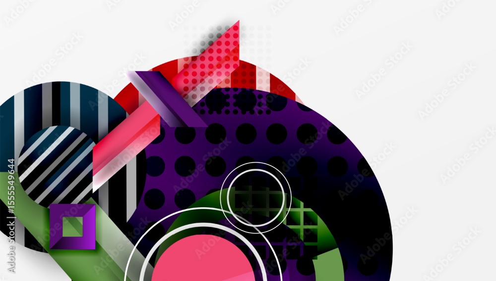 Poster Abstract composition. Geometric shapes overlap, creating vibrant color contrasts. Modern design, dynamic patterns, visual complexity.