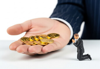 Fototapeta premium Businessman figure gives man a gold coin. Financial concept of borrowing money.