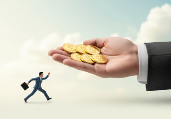 Fototapeta premium Businessman figure gives man a gold coin. Financial concept of borrowing money.