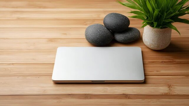 Laptop, Stones, Plant, Desk:  A silver laptop rests on a wooden desk alongside three smooth gray stones and a small potted plant.  The scene evokes tranquility and a sense of calm productivity. 