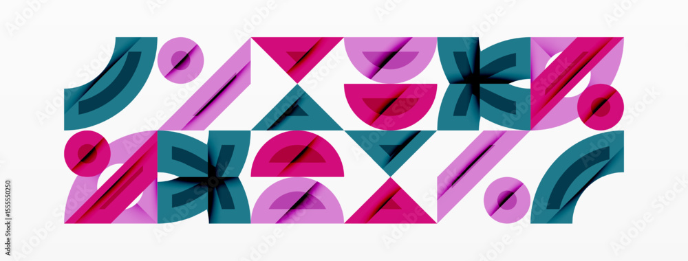 Poster abstract geometric shapes repeat, creating vibrant pattern. pink, teal hues dominate composition. mi