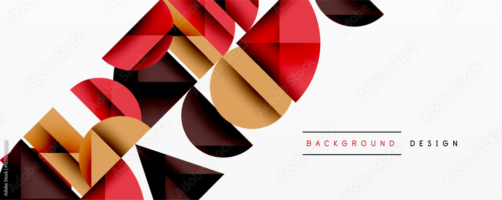 Poster Abstract geometric shapes overlap, creating dynamic composition. Red, brown, gold hues dominate white background. Modern design element.