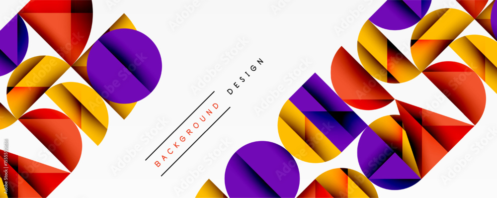 Poster Abstract geometric shapes, vibrant colors, dynamic composition. Modern design elements create visually interesting background.