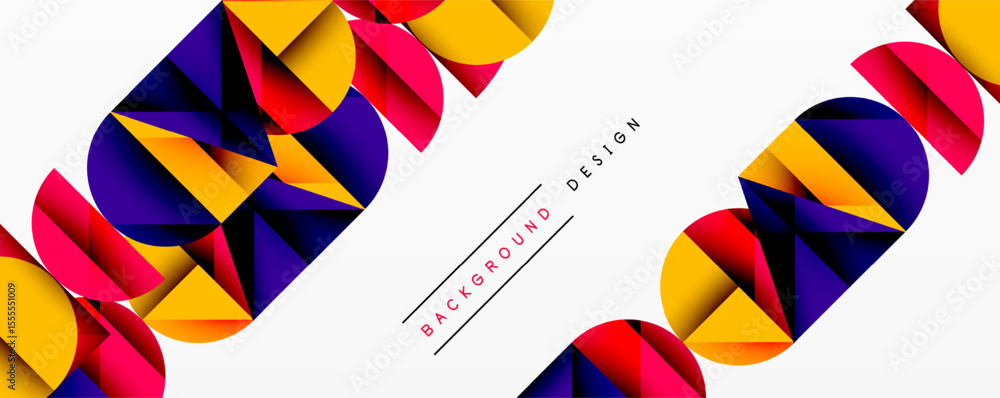 Poster Abstract geometric shapes, vibrant colors, modern design. Background features repeating patterns, dynamic composition. Clean aesthetic.