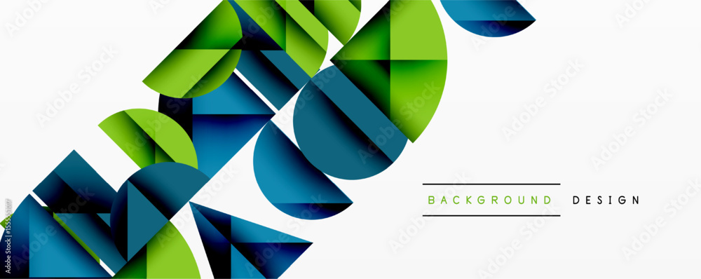Poster Abstract geometric shapes overlap, creating dynamic composition. Blue, green hues dominate white background. Modern design element.