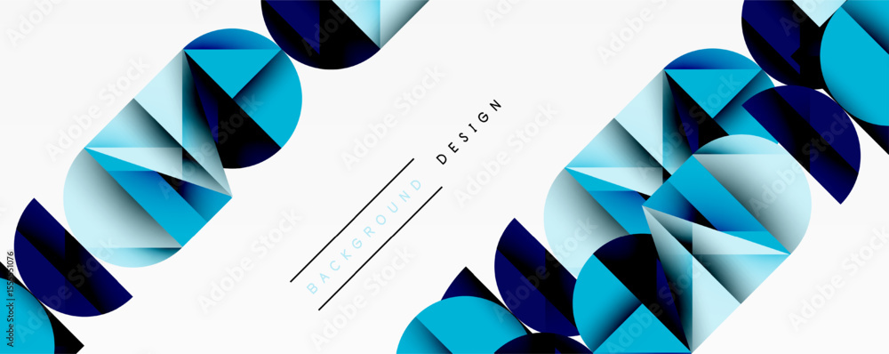 Poster Abstract geometric shapes, blue tones, white background. Modern design elements create dynamic visual flow. Minimalist style.
