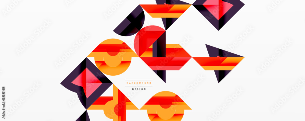 Poster Abstract geometric shapes overlap, creating dynamic visual texture. Orange, red, black tones dominate white background. Modern design element.