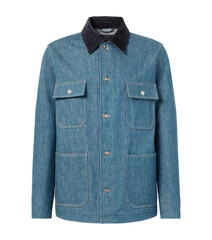 Denim jacket with pleated front detail and buttons isolated on a white background