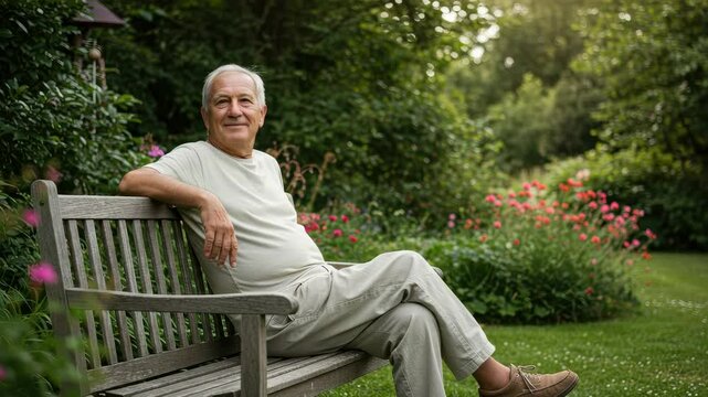 Elderly man relaxing on a bench in a lush garden surrounded by blooming flowers on a sunny afternoon