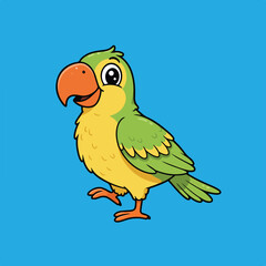 A cute cartoon parrot stands on a light blue background.