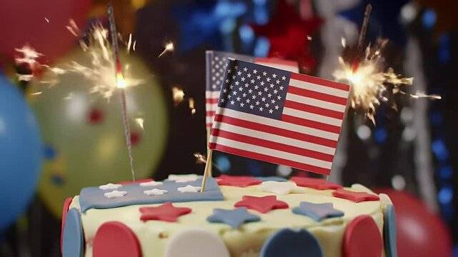 Celebration of Independence Day with a patriotic cake decorated with American flags and sparklers