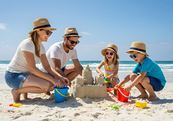 A joyful family spending quality time together at the beach, building a sandcastle in the sunshine.