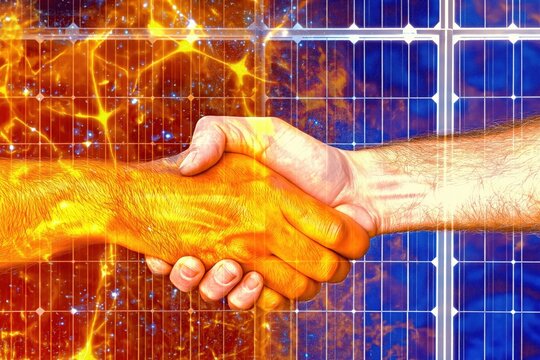 zoomed handshake agreement with solar panel background 