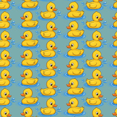 A repeating pattern of cute yellow rubber duckies floating in blue water.