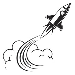 A black and white illustration of a rocket ship launching with smoke and flames behind it on transparent background