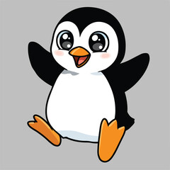 A happy cartoon penguin with big eyes and orange feet is joyfully jumping.