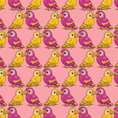 A seamless pattern of cute cartoon parrots in yellow and purple perched on branches.