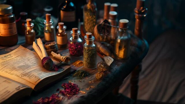 Enchanting Scene of a Spellbook Surrounded by Bottles of Exotic Ingredients and a Gentle Flame
