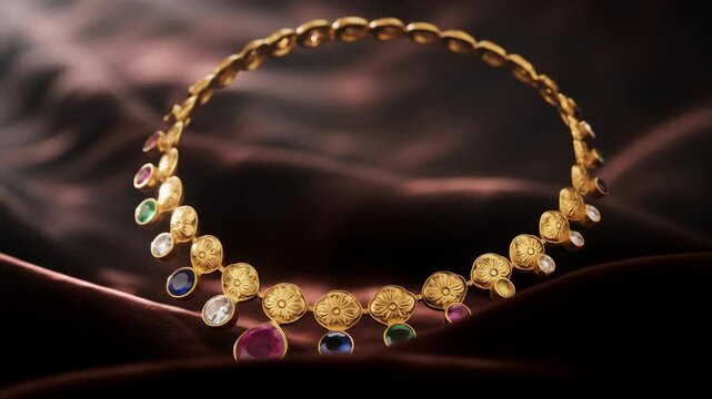 Luxury gold necklace with multicolored gemstones on dark fabric background for display and advertisement