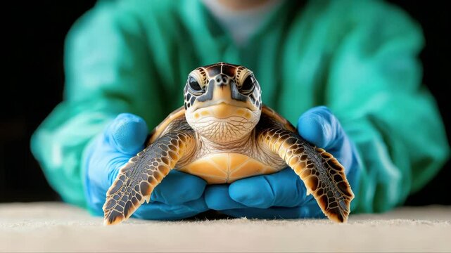 Sea turtle being gently held by person in blue gloves and green uniform, close up on reptile animal, conservation care, rescue, calm safe environment, wildlife protection, detailed shell texture