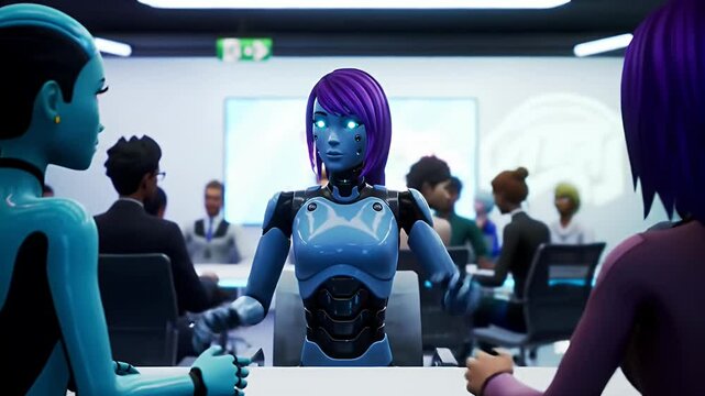 Cartoon meeting room with alien, robot, & humans at a white conference table