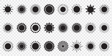 Sun icon set. Vector flat design. Collection of sun stars for use in as logo or weather icon. Yellow suns circles, bright natural lighting objects.