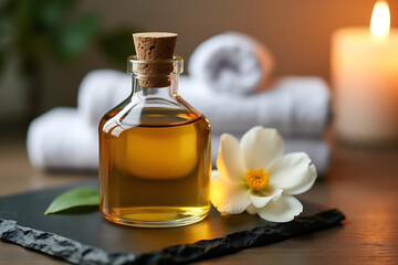 Frosted skin serum bottle with white magnolia and rolled linen towels, on granite, AI-generated