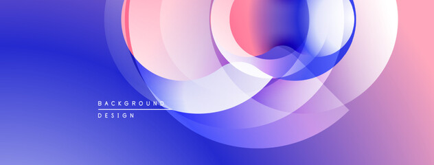 Abstract design features overlapping circles, gradients. Blue, pink hues create modern visual effect. Minimal text present.