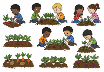 Diverse Children Gardening: Planting and Harvesting Vegetables in a Garden
