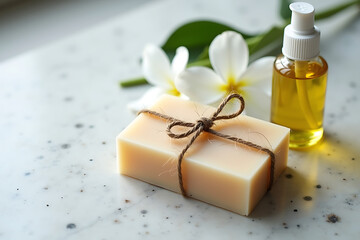 Handmade soap bar tied with twine, a white blossom, and skin oil bottle grouped together on a smooth, matte granite tabletop,  AI-generated