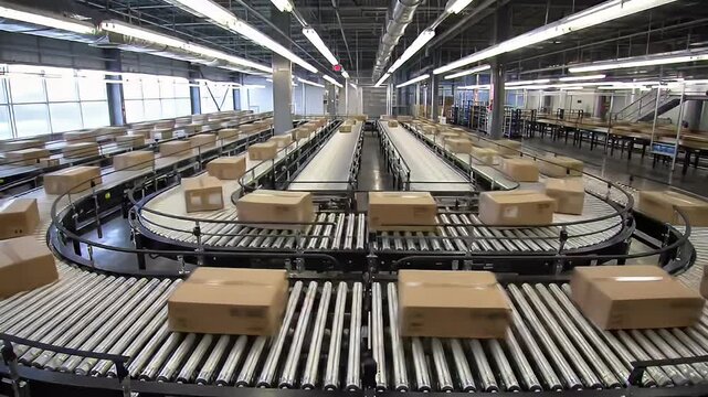 Boxes glide on conveyors in large warehouse setting
