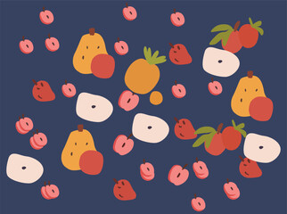 Seamless pattern featuring cute flat-style illustrations of tropical fruits like guava, strawberry, pear, and dragon fruit. Colorful and playful design in both light and dark backgrounds,7878787878