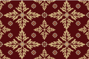 Seamless Ikat Inspired Geometric Floral Pattern with Beige and Brown Motifs on Dark Red Background – Traditional Ethnic Textile Design for Fabric, Wallpaper, Tribal Home Decor, and Vintage Ornamental 