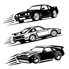 Set of vintage classic sports car side view vector illustrations in silhouette style on white background. Retro coupe car collection for automotive designs, vehicle logos, and transportation-themed pr