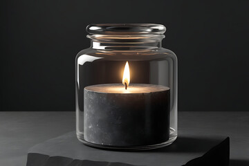 A handmade candle in a glass jar centered on a charcoal granite block, AI-generated