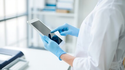 Professional scientist using digital tablet with gloves in a laboratory, researching and recording data with technology, medical insight and development.