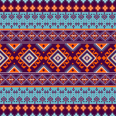 Vibrant tribal geometric pattern in bold orange, red, navy, and teal. Inspired by ethnic textile art, perfect for fashion, fabric design, boho home decor, and wallpaper.