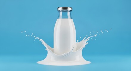 Refreshing Milk Splash Dairy Goodness in a Bottle isolated on blue background