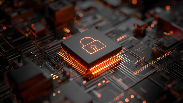 Close up of a glowing padlock icon on a microchip with binary code and circuit board details - Powered by Adobe