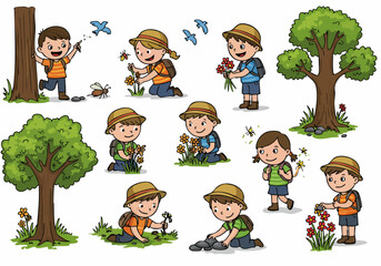 Cute cartoon children explore nature: discovering plants, insects, birds, and rocks on an outdoor adventure or field trip.