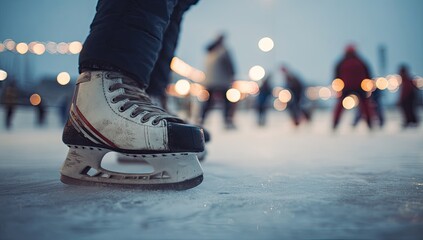 Fototapeta premium Ice skating at night. Close-up of skates