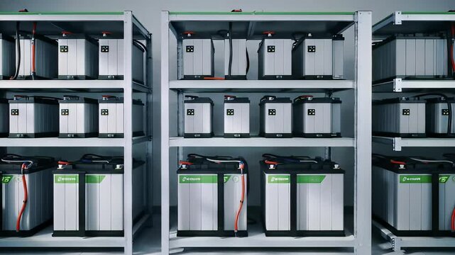 Multiple battery units arrayed in rows on metal shelves, gray background
