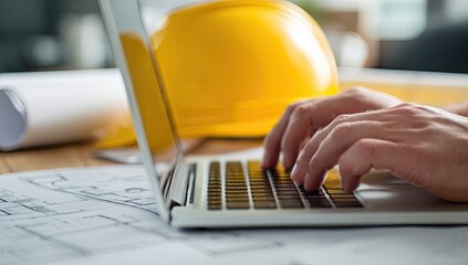 Hands typing on laptop, blueprints and safety helmet