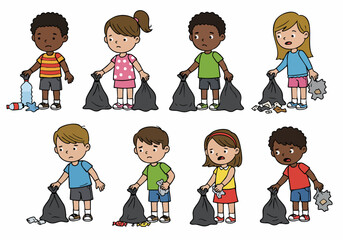 Diverse group of sad children holding trash bags, standing next to scattered litter, depicting environmental pollution and cleanup efforts with worried expressions on a white background.