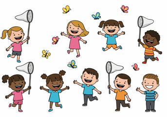 Group of diverse happy children playing and catching butterflies outdoors with nets, illustration
