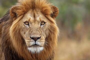 Fototapeta premium A male lion gazes intently at the viewer filling the frame with its face and mane The background is softly blurred
