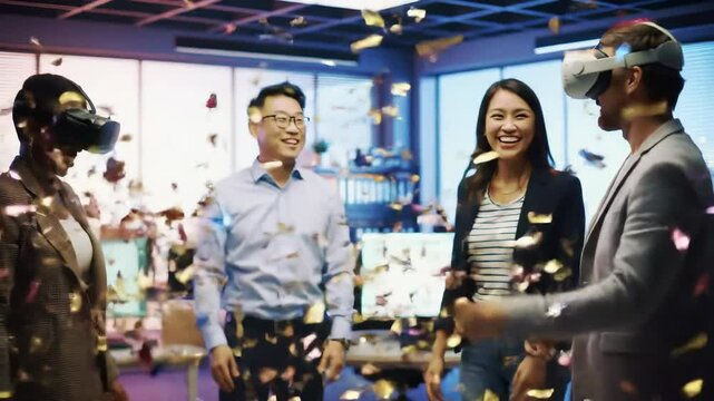 Diverse team celebrating success in a futuristic office as two members wearing smart AR glasses lead the moment of triumph