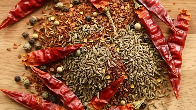Spicy mix red chili pods, pepper corns, flakes, and cumin seeds on wood