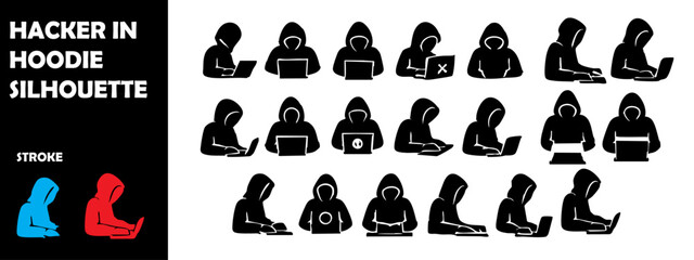 Hacker in Hoodie Silhouette Vector Set – Cybercrime, Hacking, and Digital Threat Illustration

